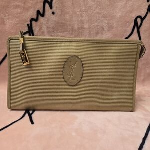 Yves Saint Laurent Olive Ribbed Leather Pouch with Gold Hardware